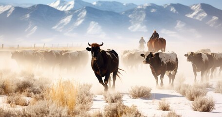 Cowboys Move Their Cattle Across the Desert, Surrounded by the Beauty of Frosty Snow Flakes