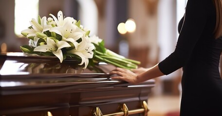 Woman with white lily flowers and coffin at funeral in church - People and mourning concept