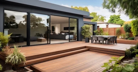 Fotobehang Home's Modern Extension Featuring a Chic Deck, Inviting Patio, and Serene Courtyard © coco