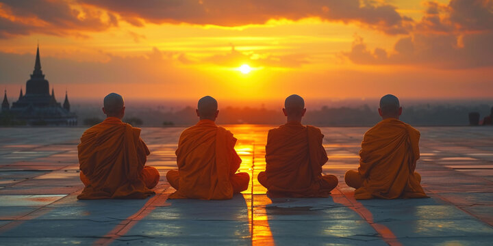 Serene warrior find spirituality and wellbeing. Mental health concept. Buddhist monks young teenager students children in meditation zen look at sunset or sunrise background