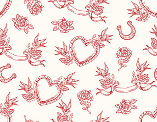 Romantic hand drawn  Love Theme Tattoo art  seamless pattern - 726580845