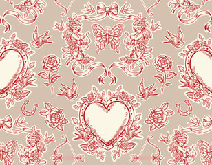 Romantic hand drawn  Love Theme Tattoo art  seamless pattern - 726580849