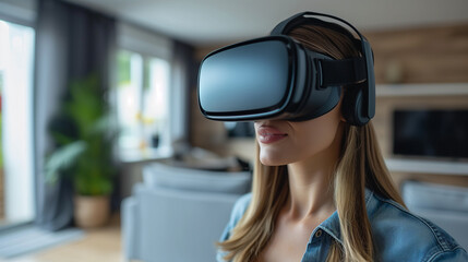 Woman wearing VR goggles and taking a virtual home tour. Spatial computing head set.