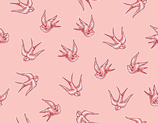 Romantic hand drawn  Love Theme Tattoo art  seamless pattern. Swallow Bird trendy retro style.in trendy retro style.