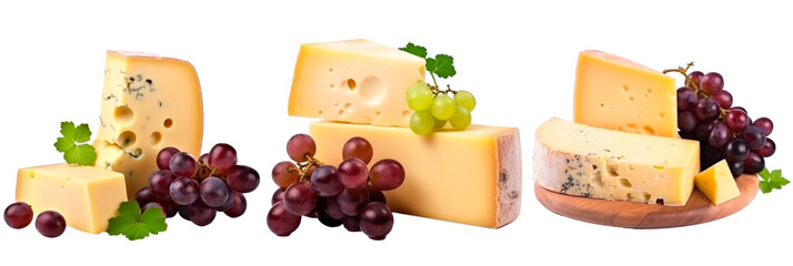 Set of cheese with grape, isolated on transparent background