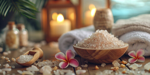 Candle, spa and relax with natural aromatherapy treatment in a room for luxury or wellness on wooden tray. Copy paste place for text. Skincare, spa, health and massage or relaxation concept.