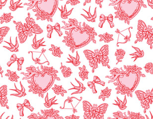 Romantic hand drawn  Love Theme Tattoo art  seamless pattern