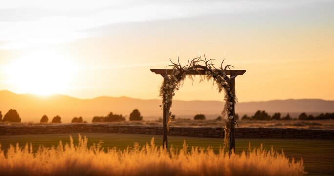 Outdoor sunset view of a Jewish traditions wedding ceremony. Wedding canopy chuppah or huppah
