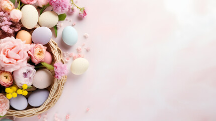 Fototapeta na wymiar easter basket with eggs and flowers