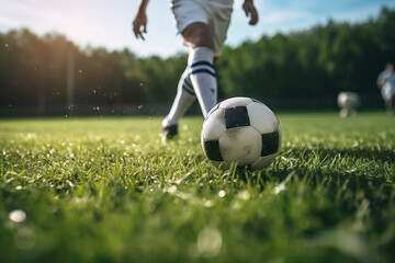 Jugador de futbol soccer driblando una pelota sobre el cesped de una cancha. Creado con IA. - obrazy, fototapety, plakaty