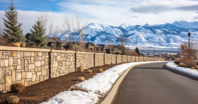 Charming Commute - A Road Flanked by a Stone Brick Wall, Revealing a Neighborhood with Mountain Views and a Cloudy Sky