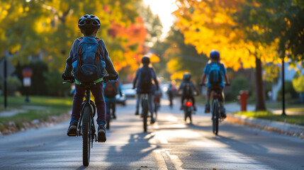 Kids riding bikes to school in the morning down the street.  - obrazy, fototapety, plakaty