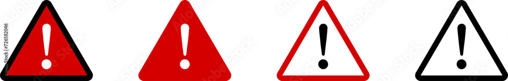 Wall mural red black and white triangular warning or attention sign with exclamation mark icon set. vector imag