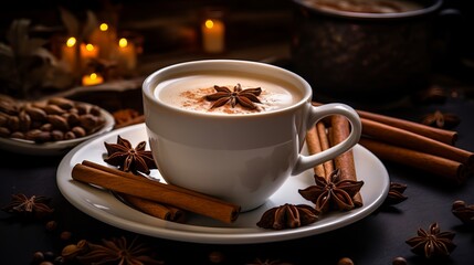 Traditional indian masala chai tea with milk and spices in cup on modern kitchen table