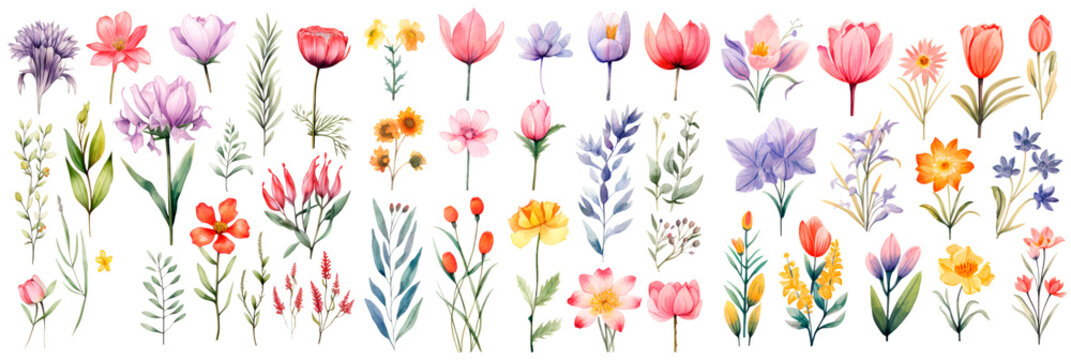 Set of watercolor spring floral, isolated on transparent background