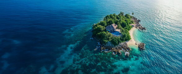 une villa de luxe sur une île déserte au milieu de l'océan - obrazy, fototapety, plakaty