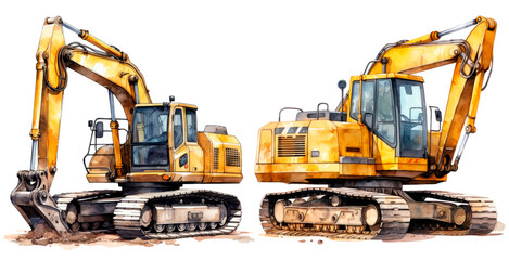 Set o watercolor construction machines equipment, isolated on transparent background