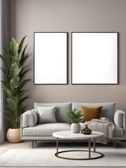 Frame mockup on the wall of living room. Interior mockup with house background