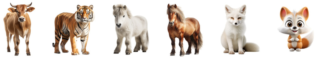 loin horse fox cow isolated on png background