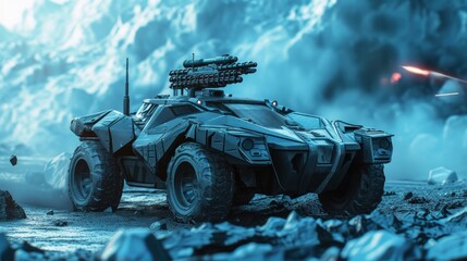 A Car of Tomorrow, Equipped with a Mounted Minigun on the Hood, Set Against a Blurred Battle Background, Portraying a Scene of High-Tech Conflict. - obrazy, fototapety, plakaty