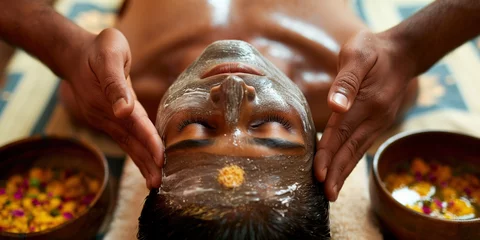 Papier Peint photo Lavable Spa Care about yourself beauty ayurveda treatment procedures concept. Body skin and hair care. Indian young man in spa ayurvedic salon relaxing after taking massage treatment with her eyes closed