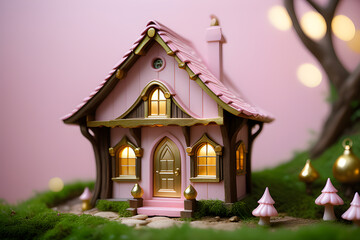 Fototapeta premium Fairytale tree house in a mysterious forest, house of pixies and elves. template for design. Playground AI platform.