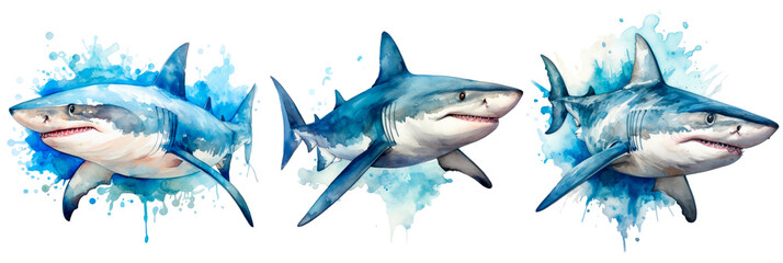 Set of watercolor shark isolated on transparent background