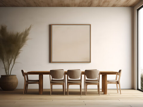 Mid-century style interior design of modern  empty dining room with a blank frame and wooden table , chairs , white wall, vase with plant on it , window,wooden floor,mockup