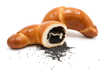 Freshly baked croissant with poppy seed filling isolated on white background.	
