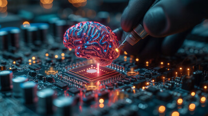 Precision and advancement unite in modern lab where scientist upgrades brain with a microchip - obrazy, fototapety, plakaty