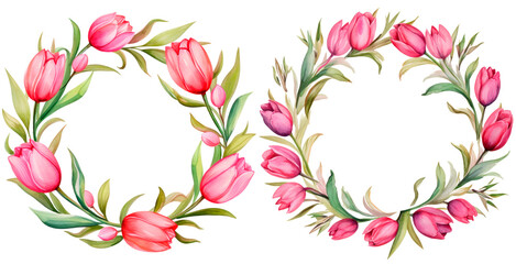 Obraz premium Set of watercolor tulip wreath, isolated on transparent background. Floral watercolor illustration, spring flowers