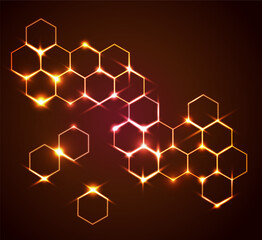 vector image of the golden shiny honeycombs abstract background with the rays and the stars. Golden honeycomb pattern.