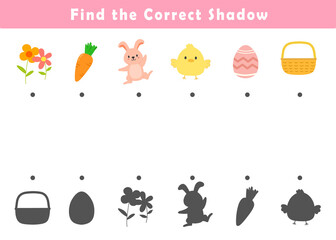 Shadow matching game for kids. Educational game for children. Find the right shadow of cute easter illustration.	