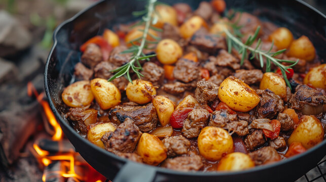 One pot camping meal with beef and potatoes simmering on a camp fire.