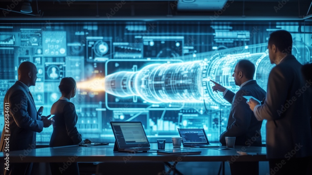 Aufkleber group of professionals in a high-tech control room analyzing a 3d holographic projection of a turbin