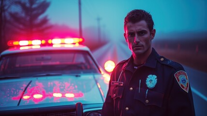 policeman standing in front of a patrol car with flashing red lights, at dusk or night, with a serious expression on his face