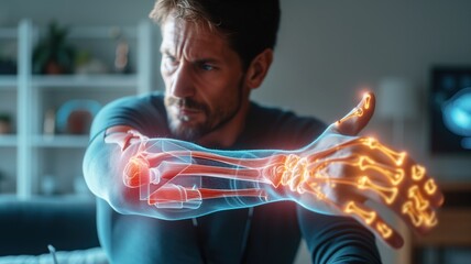 man with a virtual arm overlay highlighting muscles and bones, indicating injury or pain in the forearm and wrist