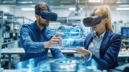Two professionals wearing virtual reality goggles interact with a digital image of a machine part. high-tech industry