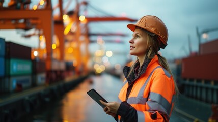 logistics, shipping or port management. a female engineer in an orange jacket and protective helmet holding a tablet at a sea container terminal.