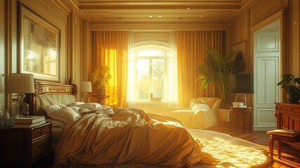 luxurious bedroom flooded with warm sunlight, with an unmade bed, suggesting a peaceful morning or a relaxed, comfortable living space.