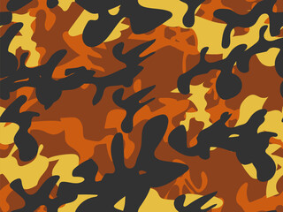 Brown Camo Print. Vector Yellow Military Camoflage Abstract Vector Background. Orange Army Paint. Military Black Grunge. Urban Camouflage Seamless Brush. Yellow Modern Texture. Orange Hunter Pattern.