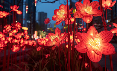 Lit up flowers at night view with cityscape background chinese new year festivities street