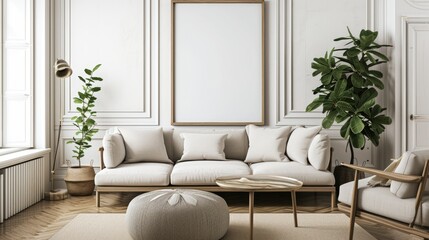 mock up poster frames in modern interior background, living room, Scandinavian style, 3D render, 3D illustration.