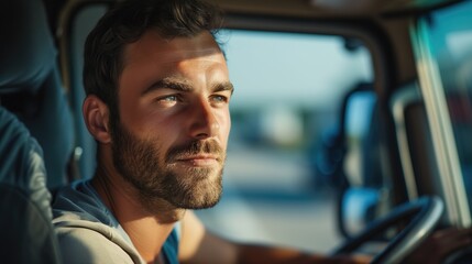 Headshot of pensive young man truck driver sitting in his cabin driving on sunny day in his cabin