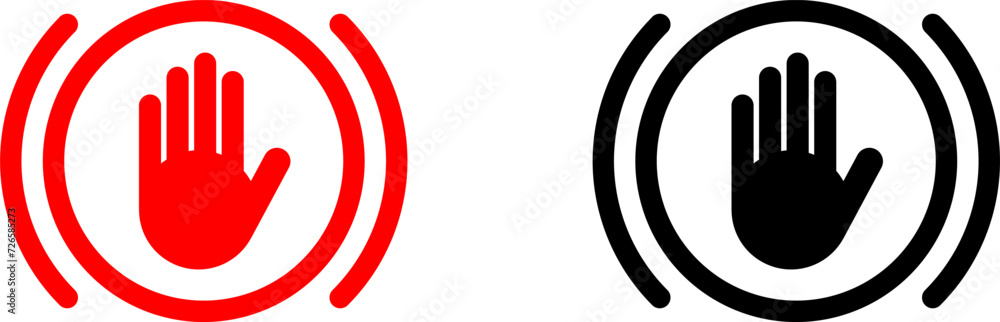 Aufkleber stop hand block round warning sign or adblock icon set. vector image.