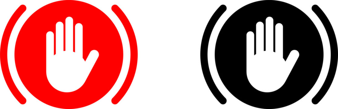 Stop Hand Block Round Warning Sign or Adblock Icon Set. Vector Image.