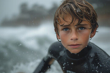 close-up portrait of boy surfing in wetsuit - obrazy, fototapety, plakaty