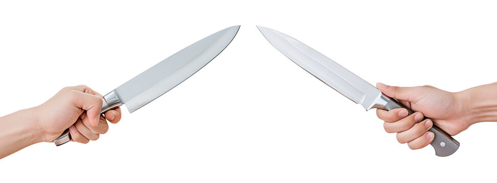 Hand holding stainless knife isolated on white or transparent background, PNG