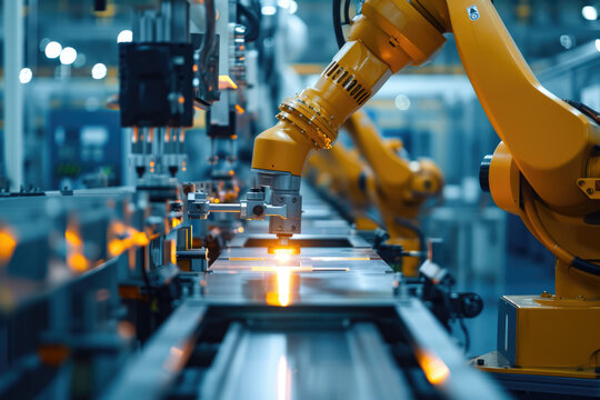 Closeup yellow arm robot welding metal part in industry factory