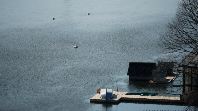 House of swans near the pier on an idyllic lake.